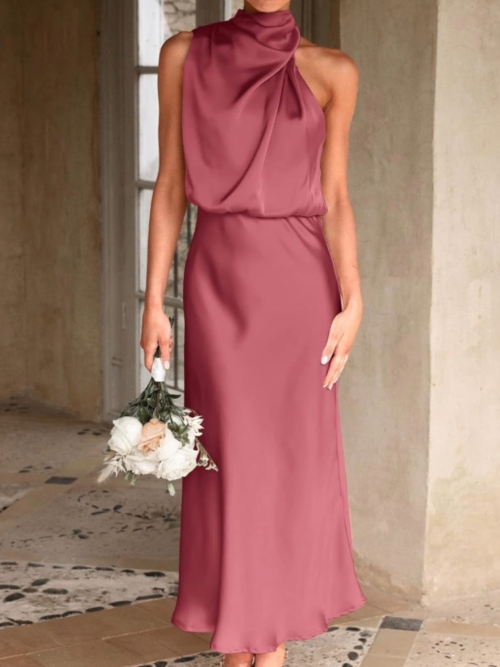 Satin High-Neck Maxi Dress in Mauve - Women's